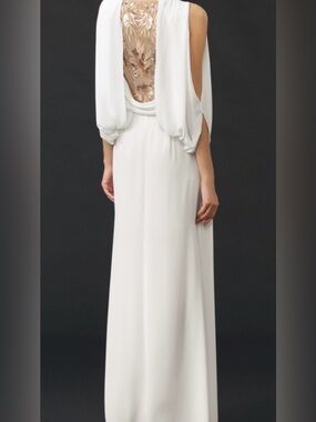 BCBGMaxAzria White Draped-Back Maxi Dress with Embroidered Gold Accents